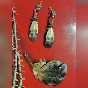 Native American Vintage Ster Silver Oxidized Feather Earrings & Brooch/Pendant